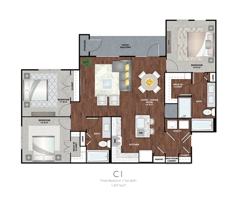Floor plan for 3 beds, 2 baths, 1407 sqft